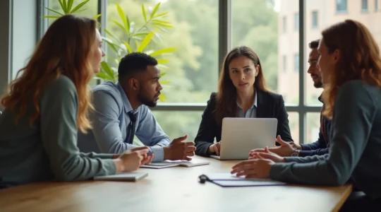 Une équipe diversifiée engagée dans une conversation constructive autour d'une table moderne, lumière naturelle chaude, expressions d'écoute active