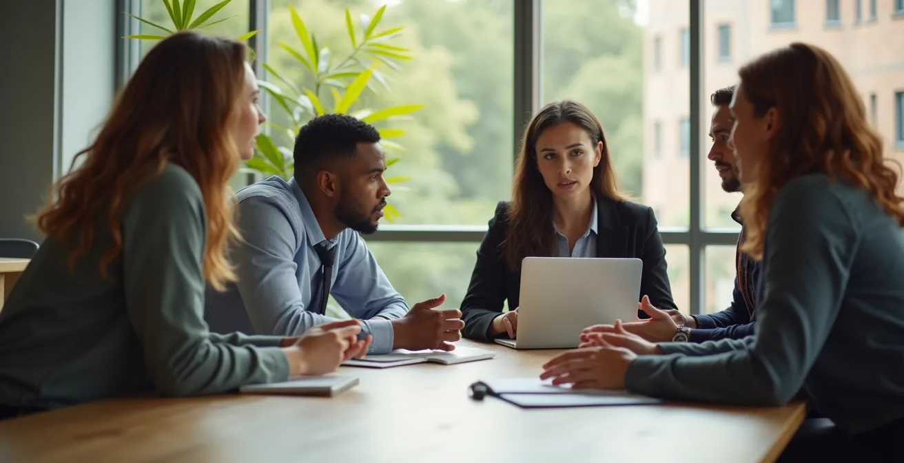 Une équipe diversifiée engagée dans une conversation constructive autour d'une table moderne, lumière naturelle chaude, expressions d'écoute active