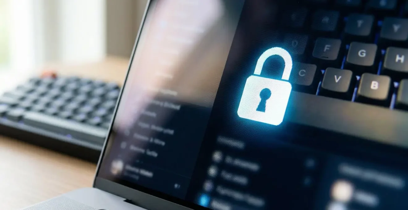 Gros plan sur un symbole de cadenas numérique affiché sur un écran d'ordinateur moderne avec clavier flouté en arrière-plan