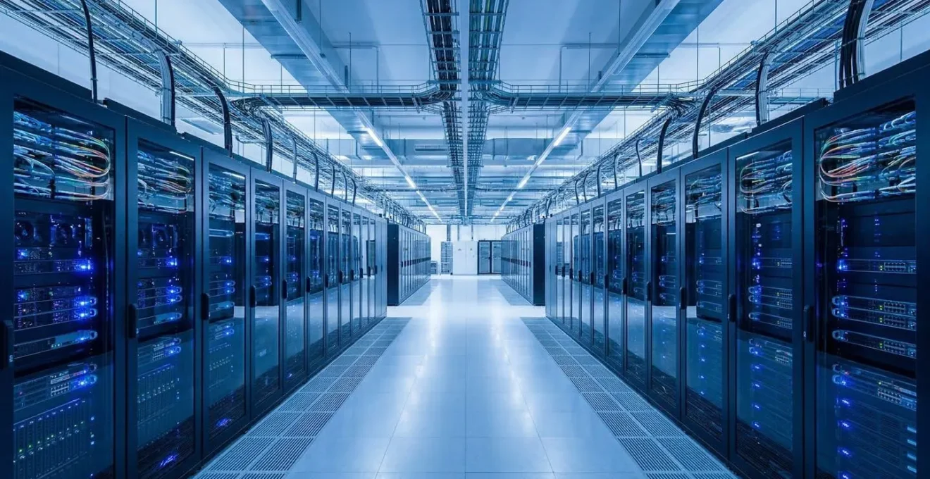Large vue d'une salle de serveurs moderne et propre avec rangées de baies serveurs et éclairage LED blanc-bleuté