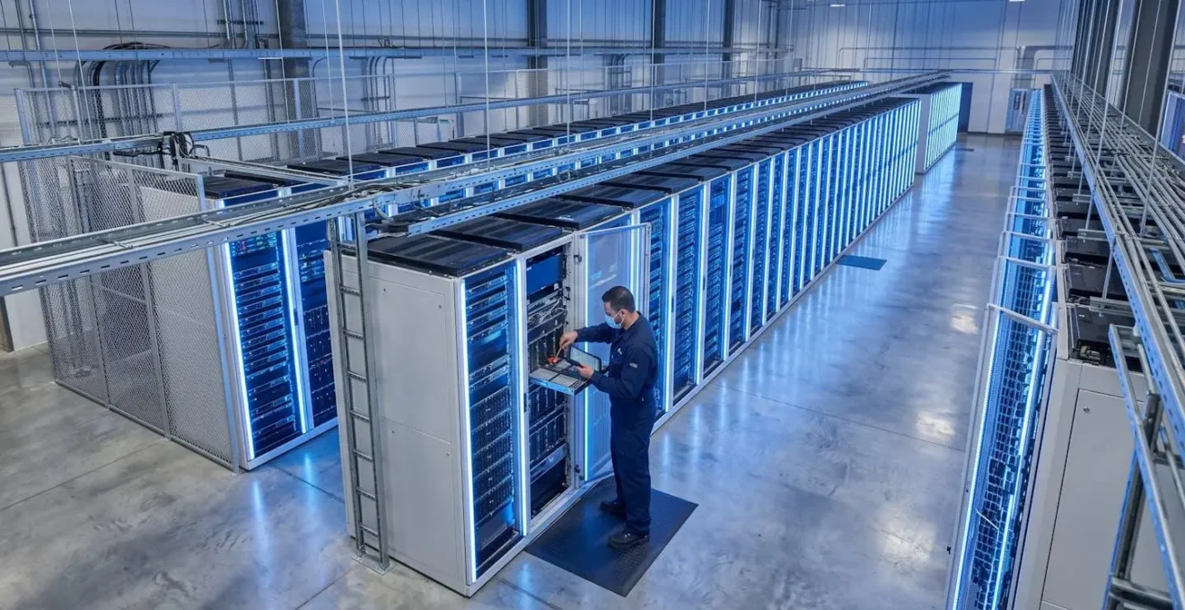 Salle de serveurs moderne d'un datacenter avec baies serveurs éclairées et technicien effectuant une maintenance