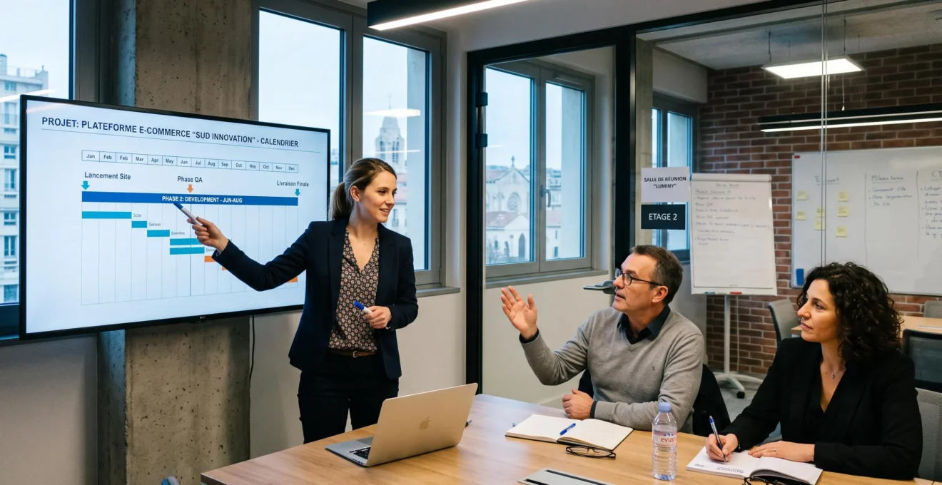 Un chef de projet informatique freelance présente un projet à deux clients en salle de réunion.