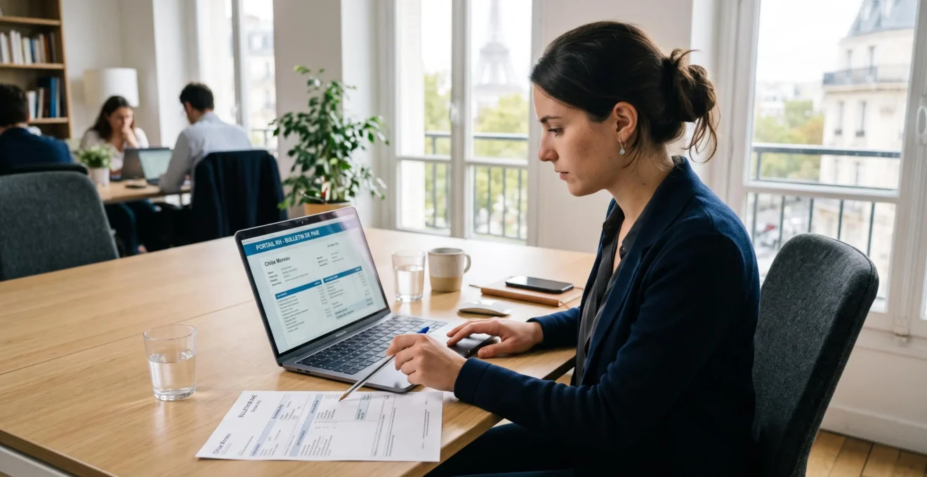 Une consultante informatique compare un bulletin de salaire papier avec son ordinateur portable.