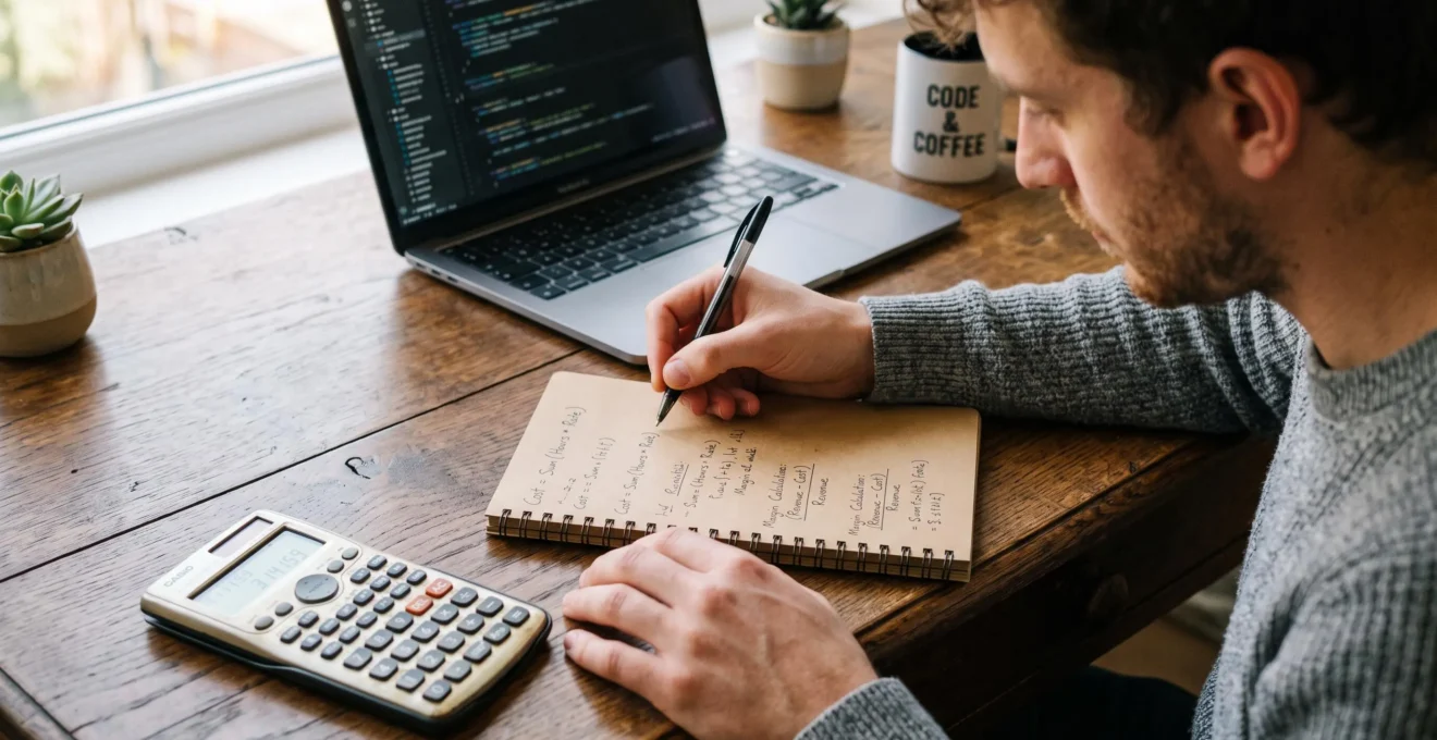 Un développeur freelance calcule son tarif sur un carnet avec une calculatrice.